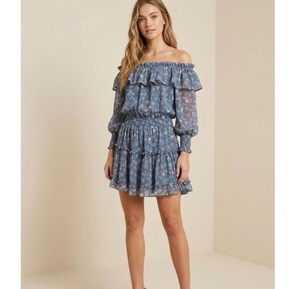MISA Los Angeles Blue Paisley Smocked Off Shoulder Ruffle Mini Dress Medium